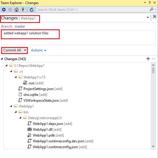 Screenshot of Visual Studio team Explorer on the Changes pane with a description entered and the commit all button highlighted.